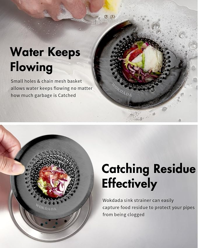 Sink Drain Strainer (Black): Flexible Anti-Slip Chainlink, 304 Stainless Steel. Upgraded Clog-Free, Easy-Clean Catcher for Kitchen Garbage Disposal