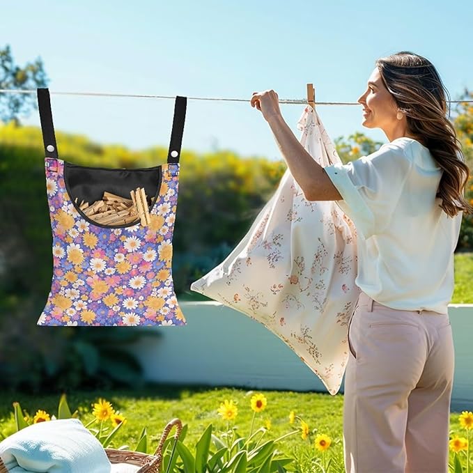 Clothespin Bag with Hanging Rope for Home Outdoor，Laundry Hanging Bag Fits Clothes Lines for Hanging Clothes Outside Balcony Bathroom Corridor Yard - Daisy Floral