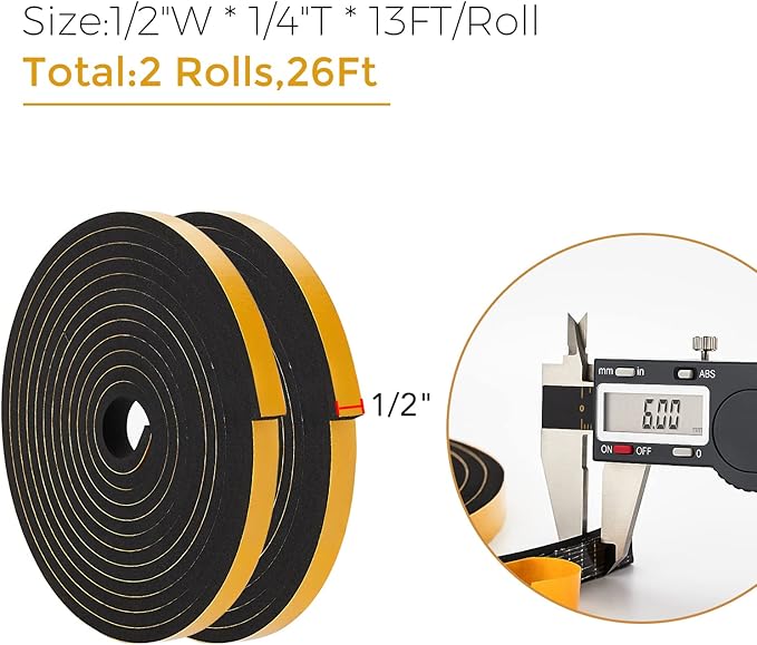 26 Feet Weather Stripping Door Seal, 1/2" Wide X 1/4" Thick Door Seal Strip High Density Foam Tape Adhesive Strip for Door Soundproofing,Window Insulation (1/2" x 1/4" x 26FT,Black)