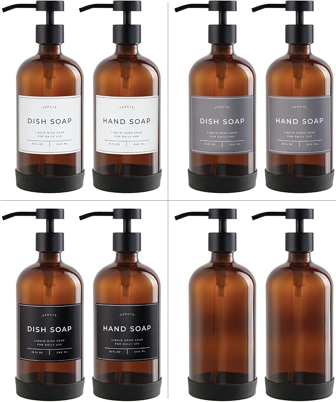 16oz Glass Soap Dispenser with Stainless Steel Pump, 21 Waterproof Labels, Non-Slip Protective Silicone Pad, Set of 2 for Bathroom & Kitchen (Amber Bottle/Black Pump)