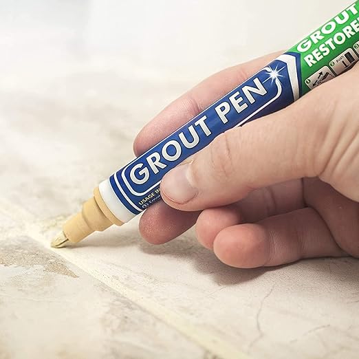 Grout Pen Cream Tile Paint Marker: Waterproof Grout Paint, Tile Grout Colorant and Sealer Pen - Narrow 5mm, 2 Pack with Extra Tips (7mL) - Cream