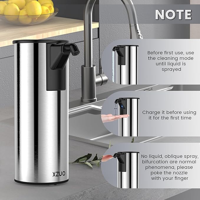 Automatic Soap Dispenser Touchless 11.8oz 4-Level Adjustment Auto Hand Soap Dispenser Stainless Steel Rechargeable for Bathroom Kitchen Hotel(Silver+Silver)