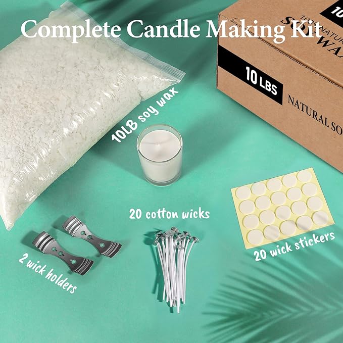 SAEUYVB Natural Soy Candle Wax for Candle Making, 10lb Bag, Premium Soy Wax Flakes, 20 Cotton Candle Wicks, 20 Wick Stickers and 2 Centering Devices ﻿