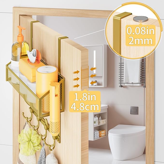 Over The Door Hooks Organizer, Coat Rack Over The Door Storage Hanger Towel Rack, Back of Storage Organizer for Bathroom,Bedroom,Kitchen,Office(Gold 2-Tier)