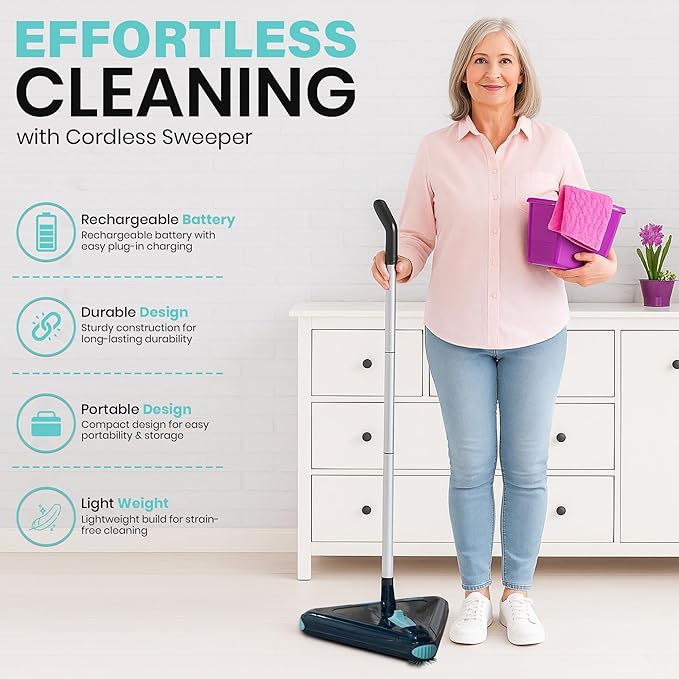 Zippi Sweeper Max Plus - 2025 Version Lightweight Sweeper, Triangular Design Allows for Sweeping in Corners, Perfect for Short Carpet Hardwood and Tile, LED Light, 1 Hr Cleaning Time