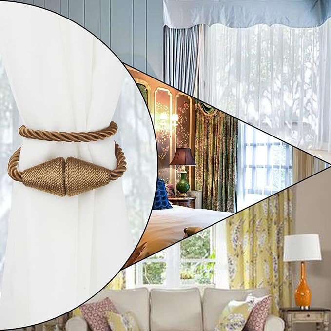 6 Pack Magnetic Curtain Tiebacks Rope Modern Handmade Curtain Tie Backs Decorative Drapes Weave Holdbacks for Window Décor, Khaki