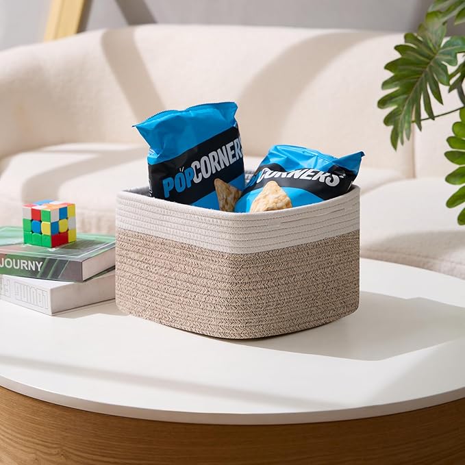 Small Organizing Baskets for Cubes Shelf, 9.7x9.7x7.1 Inch Rope Woven Storage Bins for Nursery Shelves Storage, Cute Toy Basket, Square 3 Packs Off White Brown