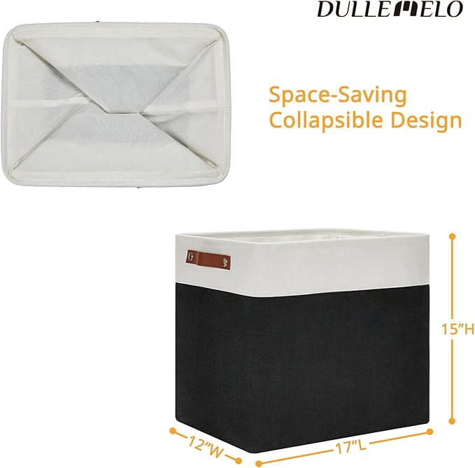 DULLEMELO Large Fabric Basket for Organizing, 17"x12"x15" Storage Basket With Leather Handles, Collapsible Storage Bin for Clothes, Toys, Books, Office, Bedroom, Closet, Nursery&Laundry (White&Black)