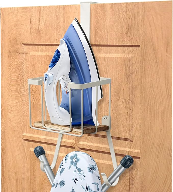 TJ.MOREE Over The Door/Wall Mount Ironing Board Hanger, Laundry Room Iron and Ironing Board Storage Holder, White