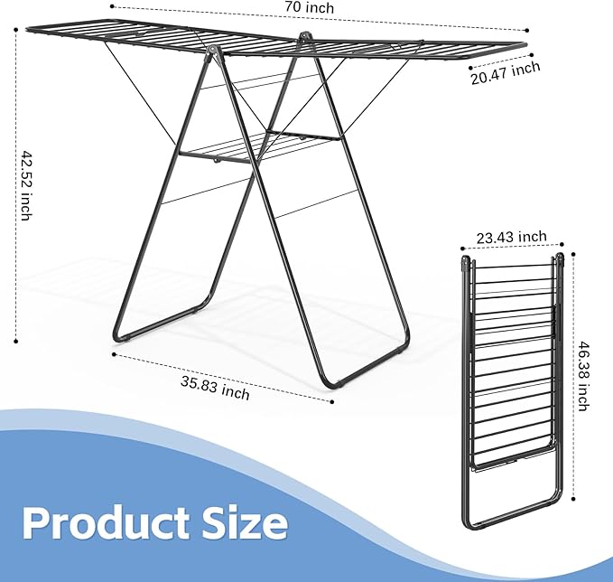 KINGBOARD Clothes Drying Rack Foldable, Drying Rack Clothing with Height-Adjustable, Metal Laundry Rack, Indoor Outdoor Use, No Assembly, 20.47"x 70"x 42.52", Black