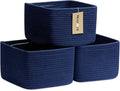 Small Organizing Baskets for Cubes Shelf, 9.7x9.7x7.1 Inch Rope Woven Storage Bins for Nursery Shelves Storage, Cute Toy Basket, Square 3 Packs Navy Blue