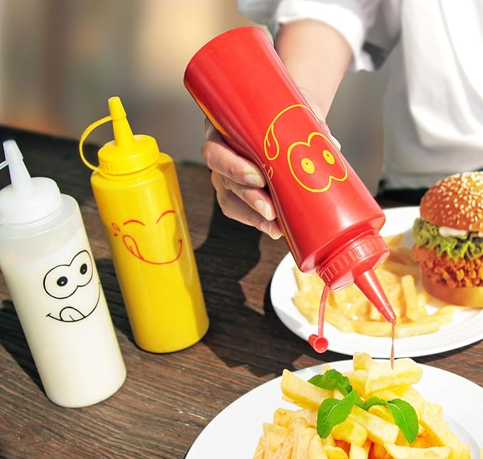 New Star Foodservice 28560 Smiley Faces Squeeze Bottle Set, Plastic, Red, Yellow, and Clear, 12 oz