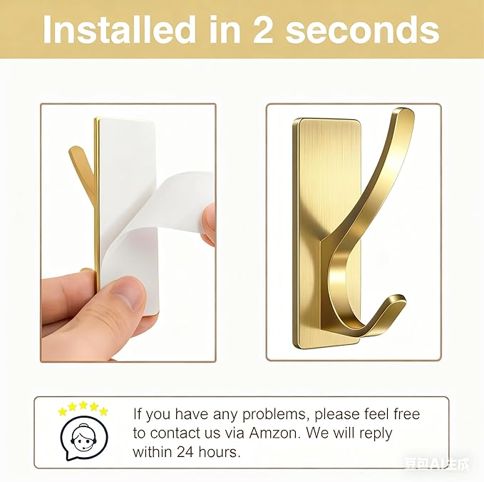 10 Pack Self Adhesive Coat Hooks for Hanging, Heavy Duty Stainless Double Wall Hook for Towel, Backpack, Hat, Sturdy Metal Hanger for Bathroom, Bedroom, Door, Wall Mounted, Brushed Gold