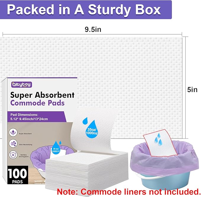 100 Commode Absorbent Pads for Bedside Commode Liners, Disposable Commode Liners Pads with Absorbent Gel, Portable Potty Liner Pads for Toilet Bags Bedpans