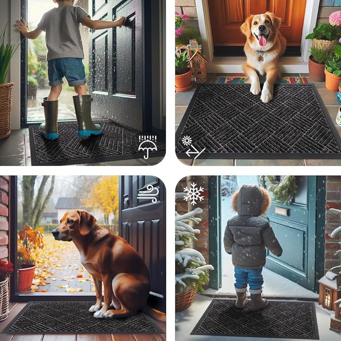 Smiry Front Door Mat Outside Entrance, Heavy Duty Outdoor Indoor Natural Rubber Doormat, Non Slip, Trap Dirt and Moisture, Easy Clean, Low Profile Patio Porch Entryway Mat, 35x23, Silver Grey