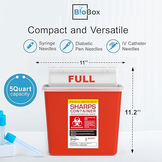 Sharps Container Large - Sharps Containers for Home Use and Labs - Portable Needle Disposal and Travel Size Biohazard Bin - 5 Quart Plus (Pack of 1)