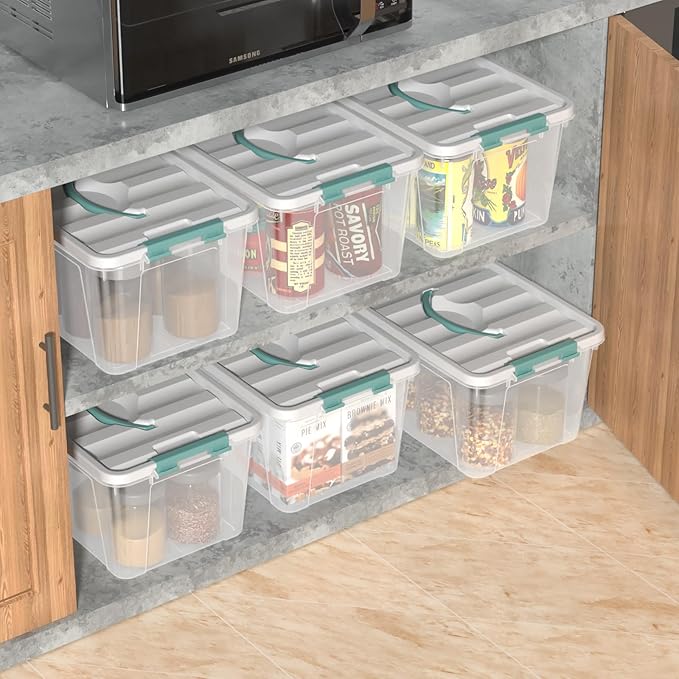 Zopnny 14 Quart Plastic Lidded Storage Bin with Handle, Clear Latching Box with White Lid, 6 Packs