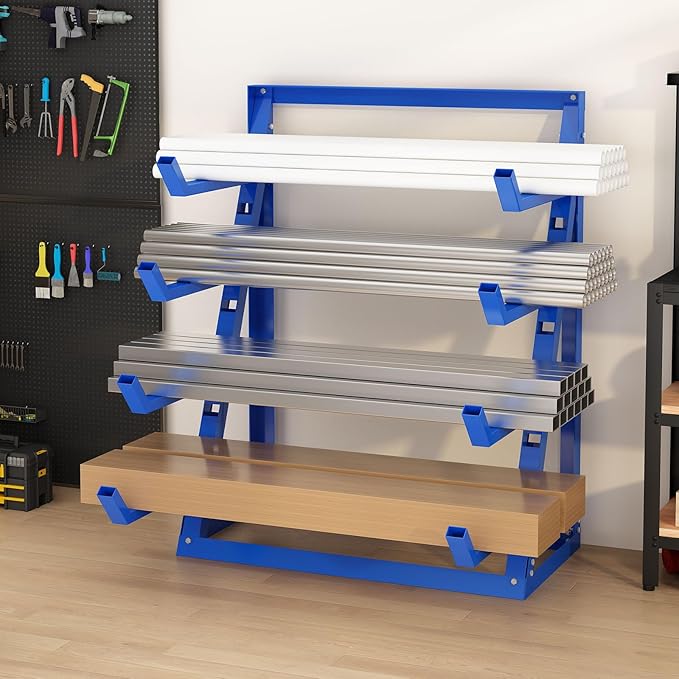 Steel Lumber & Pipe Storage Rack – Heavy Duty 4-Tier Horizontal Organizer Shelf for Garage, Workshop, Basement, 24"x48"x61"