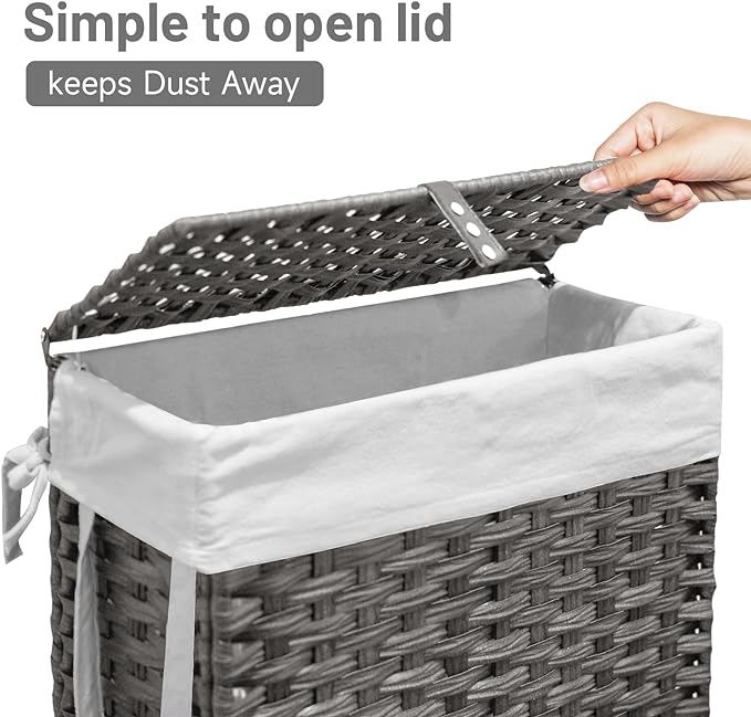 70L Slim Laundry Hamper with Lid & Wheels, 2-Park Rolling Laundry Basket with 4 Removable Liner Bags & 3 Mesh Bags, Narrow Dirty Clothes Basket, Foldable Handwoven Rattan Laundry Sorter, Grey
