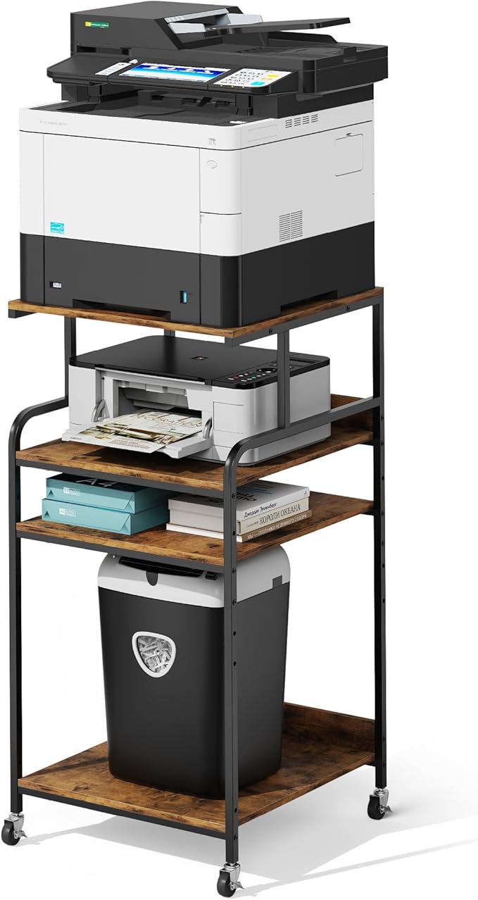 Warmiehomy 4 Tier 24" x 24" Printer Stand with Adjustable Storage Shelf - Large Tall Printer Table with Wheels - Rolling Cart for 3D Laser Printer - Home Office Small Spaces Organization (Brown)