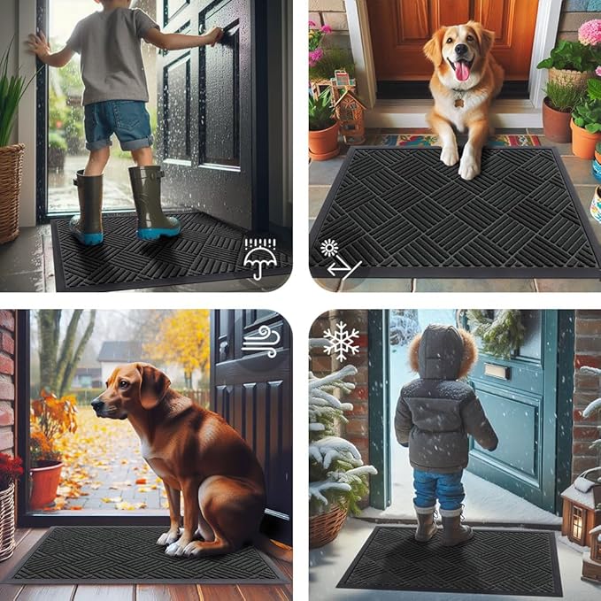 Smiry Front Door Mat Outside Entrance, Heavy Duty Outdoor Indoor Natural Rubber Doormat, Non Slip, Trap Dirt and Moisture, Easy Clean, Low Profile Patio Porch Entryway Mat, 35x23, Black