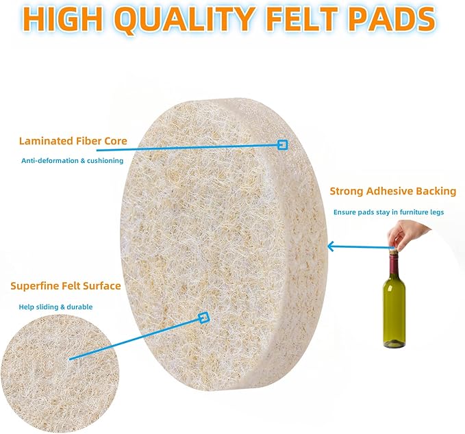Furnigear Felt Furniture Pads for Hardwood Floors - Self Adhesive Chair Felt Pads, Floor Protector for Furniture Feet, Furniture Sliders Moving Furniture Smoothly - Anti Scratch 48 Pcs 1-1/2" Round