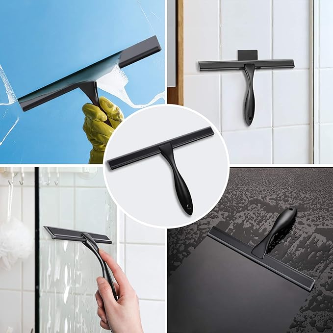 HIWARE All-Purpose Shower Squeegee for Shower Doors, Bathroom, Window and Car Glass - Black, Stainless Steel, 12 Inches
