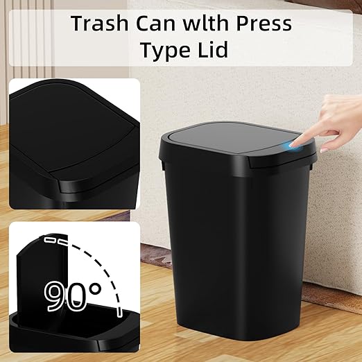 3 Pack Bathroom Small Trash Can with Lid, 2.6 Gallon Slim Garbage Bin with Pop-Up Lid, 10L Plastic Wastebasket for Bedroom, Office, Kitchen, Toilet (Black)
