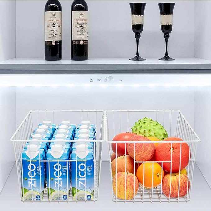 Upright Freezer Organizer Bins，Freezer Storage Baskets for 16, 17, 21 cu.ft Standup Freezer, Wire Storage Baskets with Built-in Handles, 6Pcs , White