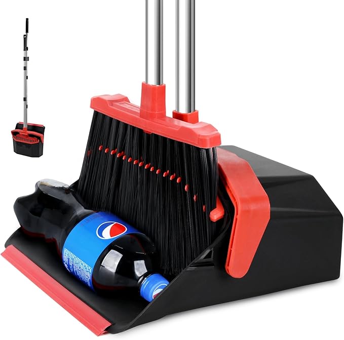 Upgrade Broom with Dustpan Combo Set, Broom and Dustpan Set with 51'' Long Handle, Dust Pan and Brooms, ZeroGap Lip, Self-Cleaning Dustpans Teeth for Lobby Kitchen Restaurant - Black and Red