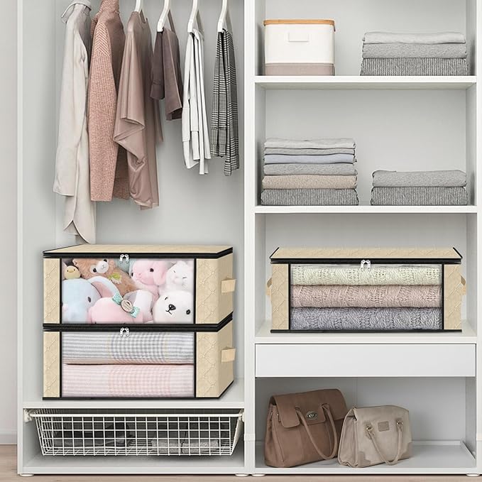 HomeHacks Storage 6-Pack Clothes Organizer Storage Bags Foldable Storage Box with Large Clear Window Sturdy Handles for Closet, Dorm, Pillows, Bedding, Clothes, Blankets, 35L, Beige