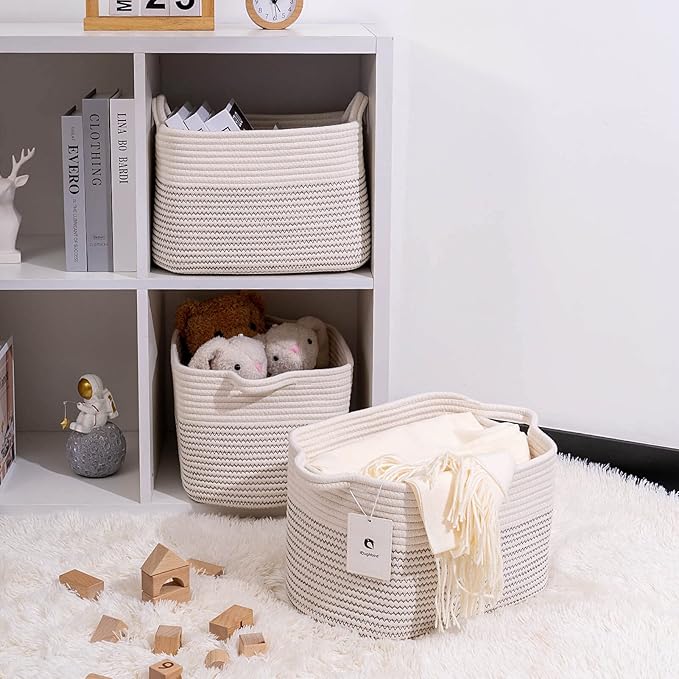 Medium and Large Woven Basket//With Handle, Used for Toys and Fabric Storage Basket used for Storing xl Storage Box, Decorative Storage Box Room 2pack (14L*10W*8.6H White/Black Line, 14Lx10Wx8.6H)