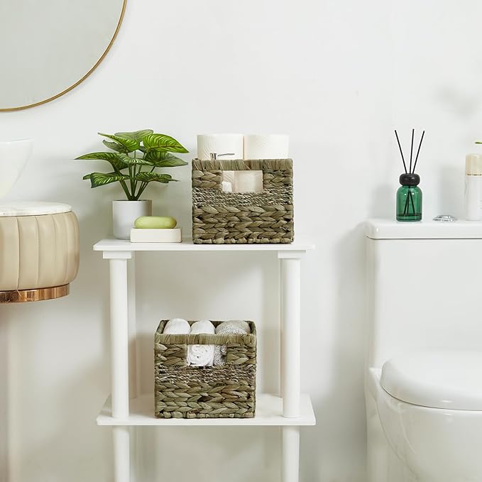 Water Hyacinth Wicker Basket, Decorative Woven Baskets with Built-in Handles, Hand-woven Storage Organizer for Organizing Pantry, Shelves, Livingroom, Bedroom, Toilet(2-PACK, Sage Green)
