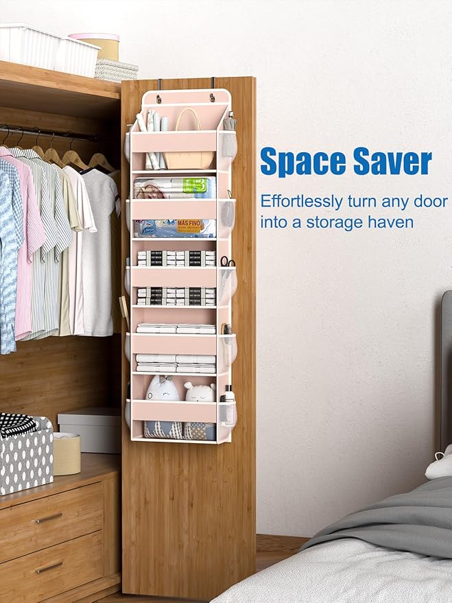 Over The Door Storage Organizer, RV Bathroom Organizer, Over The Door Organizer Camper Storage and Organization, 5 Shelf Hanging Over Door Organizer for Camper, Bathroom, Bedroom, Closet-Pink