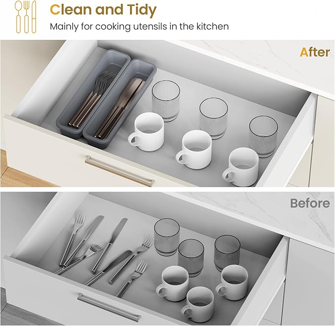 2 Pack Silicone Silverware Drawer Organizer, DIY Free Combination Kitchen Drawer Organizer, Utensil Organizer, Moisture-proof and Heat-resistant up to 200°C, Anti-slip and Environmentally (Grey)