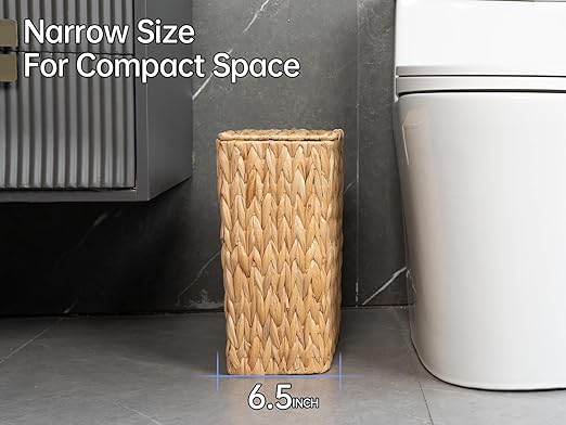 3 Gallon Wicker Trash Can,Small Bathroom Trash Can with Lid,Natural Water Hyacinth Wicker Waste Basket for Bedroom,Toilet,Narrow Garbage Can with Removable Liner