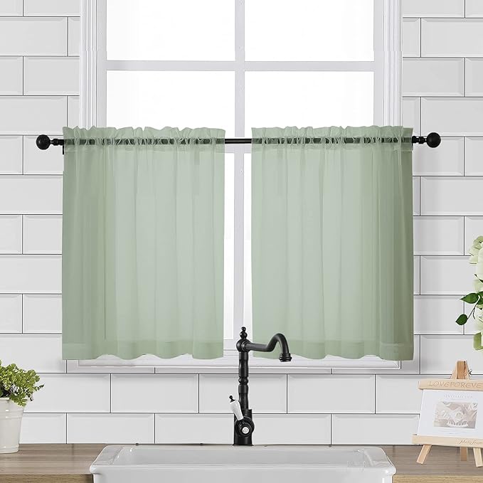 Chyhomenyc Sheer Curtains Tiers 42W x 24L Inches 2 Pieces Set, Light Filtering Small Curtains, Short Bathroom Living Room Cafe Basement Voile Window Curtain, Rod Pocket, Sage Green