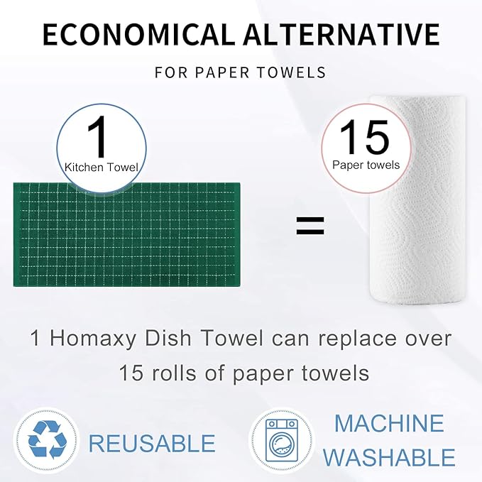 Homaxy 100% Cotton Terry Kitchen Towels(Dark Green, 13 x 28 inches), Checkered Designed, Soft and Super Absorbent Dish Towels, 4 Pack