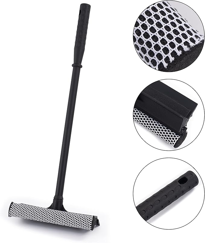 Matthew All Purpose Window Squeegee w/Premium Microfiber Cloth,Car Squeegee Windshield Cleaning Sponge and Rubber Squeegee,2-in-1 Window Cleaner Sponge(10'') and Soft Rubber with Pole 20''(1Pack)