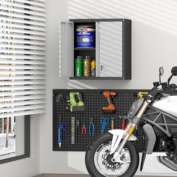 Metal Wall Cabinet, Garage Cabinets Wall Mounted, Locking Storage with Adjustable Shelves, Wall Mounted Garage Cabinet with Doors, Floating Cabinet for Home Office, Utility Room