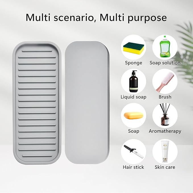 Silicone Sponge Holder 2 Pack, Dish Soap Holder for Kitchen Counter, Waterproof Sponge Soap Tray for Kitchen Sink Bathroom, Multipurpose Sink Caddy Organizer for Soap Dispenser Light Grey