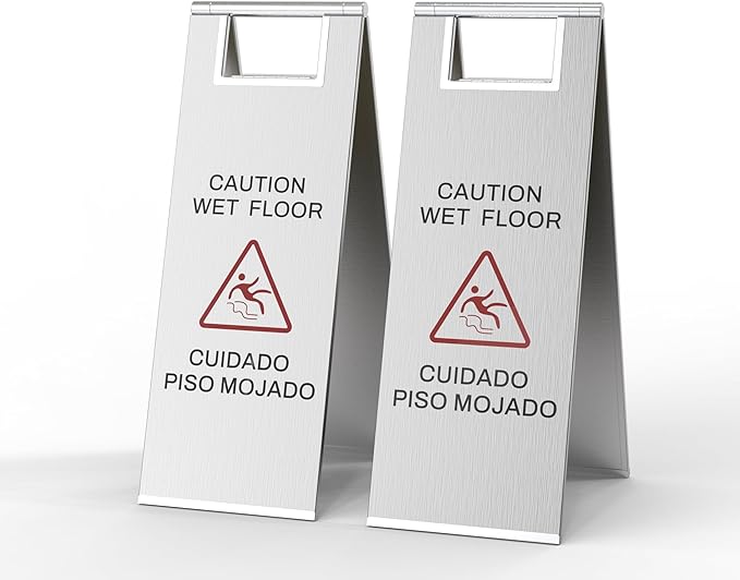 Stainless Steel Wet Floor Sign 2 Pack, 24 Inch Double-Sided Foldable Caution Sign with Handle, 8.8 lb Bilingual Warning for Restaurant, Office, Commercial Cleaning Use, Silver