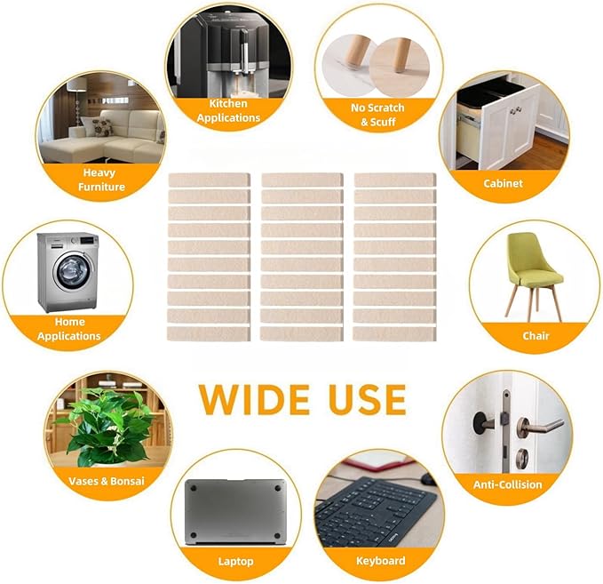 Furnigear Felt Strips with Adhesive Backing for Furniture - Felt Furniture Pads for Hardwood Floors, Furniture Chair Feet Felt Pads, Furniture Floor Protector Sliders 30 Pcs 3 x 1/2" Rectangular Beige