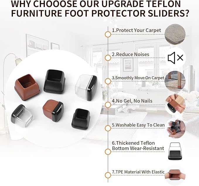 Ezprotekt 24 Pcs Clear Chair Leg Sliders for Carpet, Square Chair Glides for Rug, Teflon Furniture Pads Leg Protectors Caps - for Dining Table, Bar Stool, End Table Legs (L Fit:1" - 1.4")