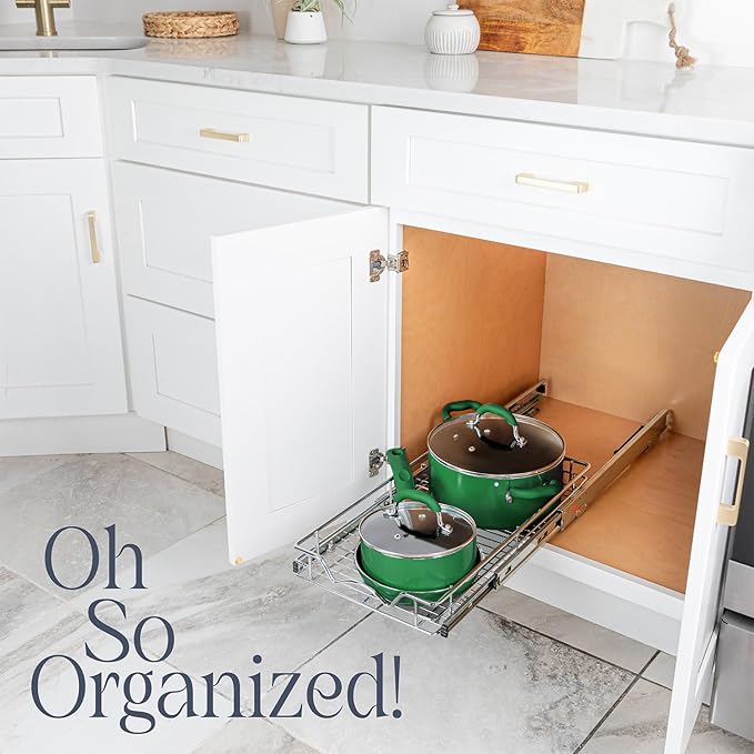 HOLDN’ STORAGE Pull Out Cabinet Organizer, Heavy Duty Caddy w/Lifetime Limited Warranty - 8”W x 21”D - Requires At Least 9-1/4” Cabinet Opening, Steel Metal Cabinet Drawers Slide Out, Chrome