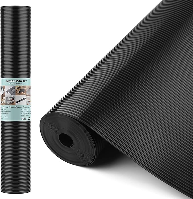 Shelf Liners for Kitchen Cabinets Non Adhesive Drawer Liner EVA Material Cupboard Mat Refrigerator Mats Washable Fridge Liner for Cabinet, Storage and Desks 23.6 x 393.7 Inches Black