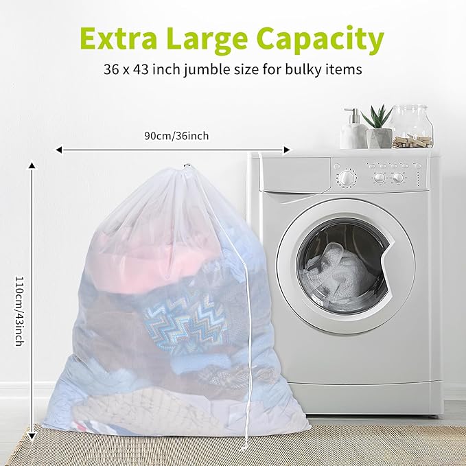 OTraki Large Mesh Laundry Bag 36 x 43 Inch Drawstring Laundry Wash Bags, 2 Pack Dirty Clothes Net Laundry Bag Heavy Duty Travel Storage Organize Bag for Home Apartment Dorm Camp Hotel Beach, White