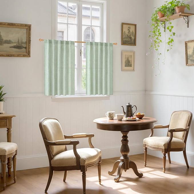 YoungsTex Sage Green Linen Semi Sheer Curtains 40 Inch Length for Kitchen Window, Short Drapes Light Filtering with Rod Pocket Back Tab for Cafe Bathroom, 2 Panels, 42 X 40 Inch
