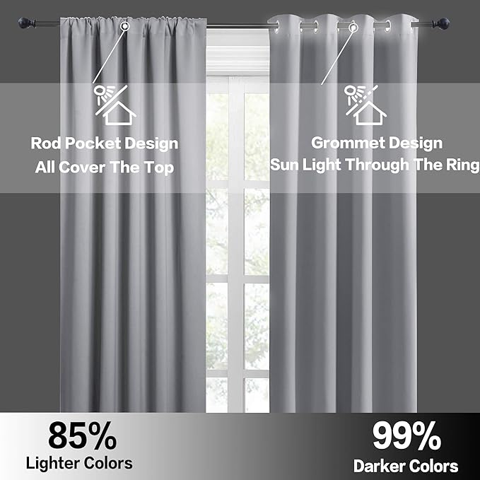 RYB HOME Blackout Curtains 63 inches Long - Energy Saving Insulation Large Window Curtain Blinds for Bedroom Living Room Dining Basement Home Office, W 62 x L 63 per Panel, Silver Grey, 2 Pcs