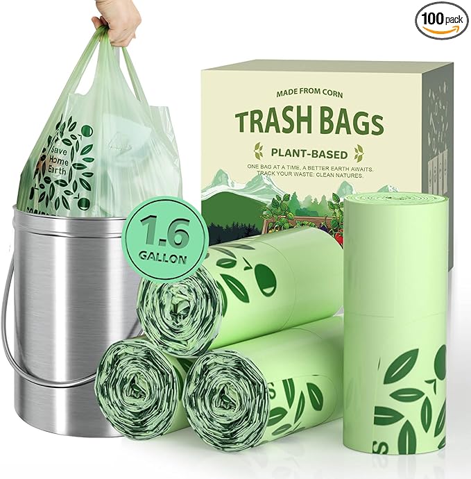 1.6 Gal Small Compost Bags for Countertop Bin with Handle Tie, AYOTEE Composting Bags for Kitchen Compost Bins,100 Pack, 1.2-1.6 Gallon Compost Bin Bag, Small Trash Bag, Odor Control
